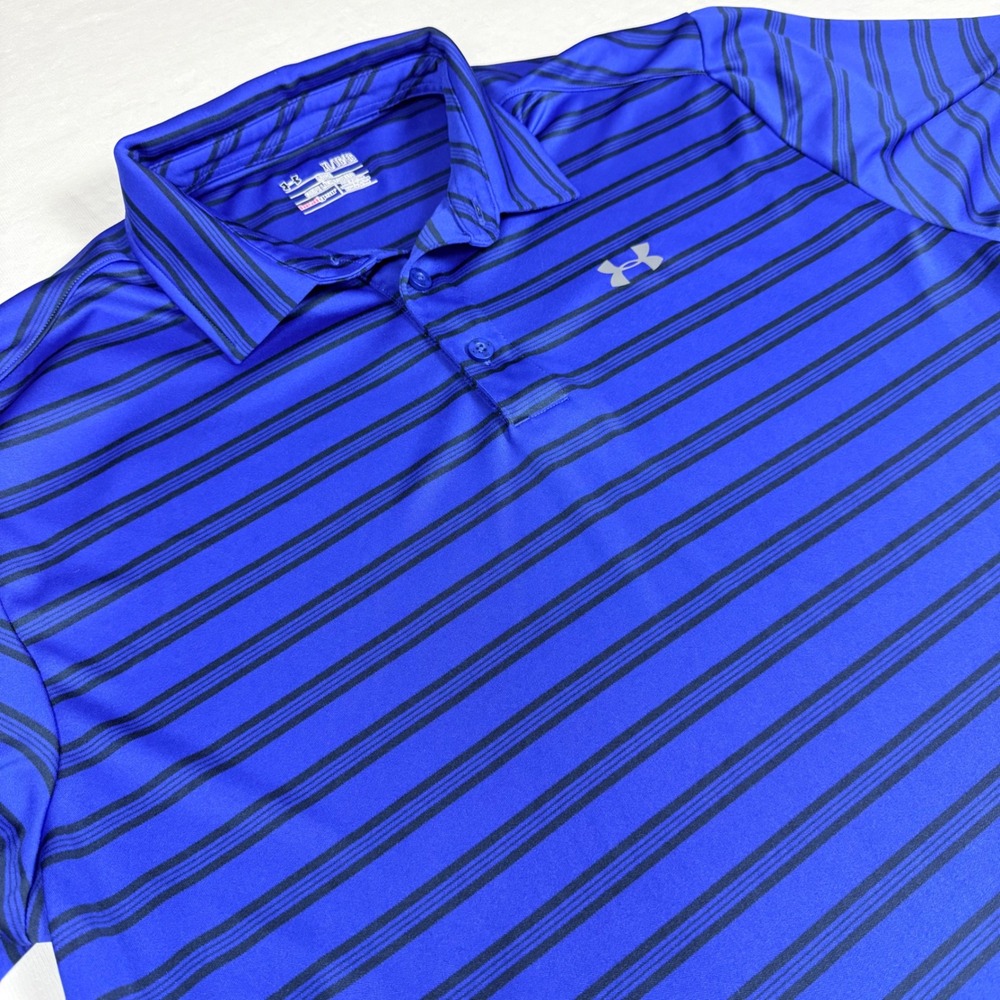 Under‎ Armour Polo XL Blue Black Striped HeatGear Loose Fit Short Sleeve Golf